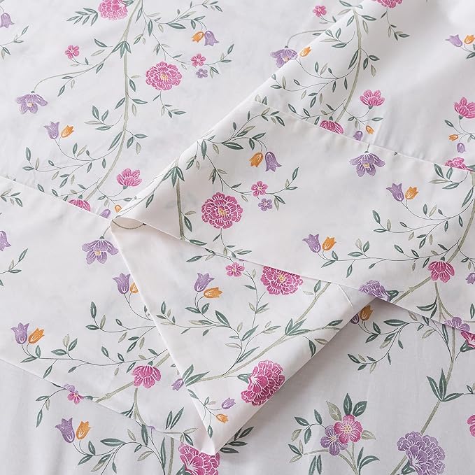 Zusbest California Sheets, Soft 100% Cotton Pink & Off White Floral Bed Sheets Shabby Vintage Chic Purple Flower Printed Sheets Breathable 4 Piece Deep Pocket 17.5‘’（Cal King,Rosy）