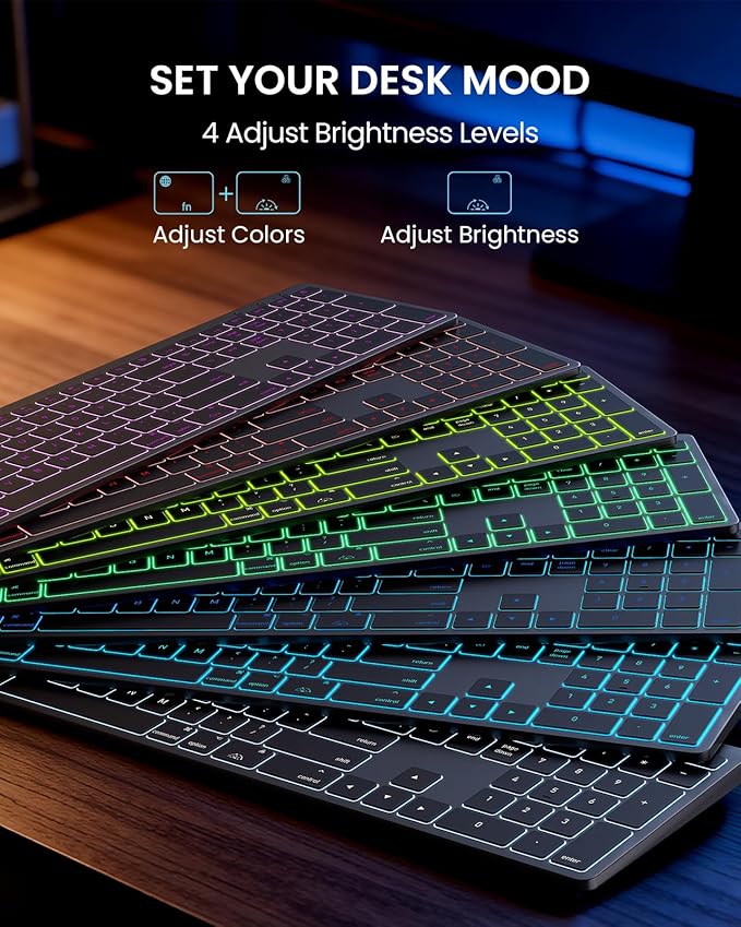 SABLUTE Bluetooth Keyboard and Mouse for Mac — 7-Color Backlit, Multi-Device, Rechargeable, Full-Size Wireless Keyboard Mouse Combo with Quiet Scissor-Switch Keys & Tilt Legs for Mac (Space Gray)