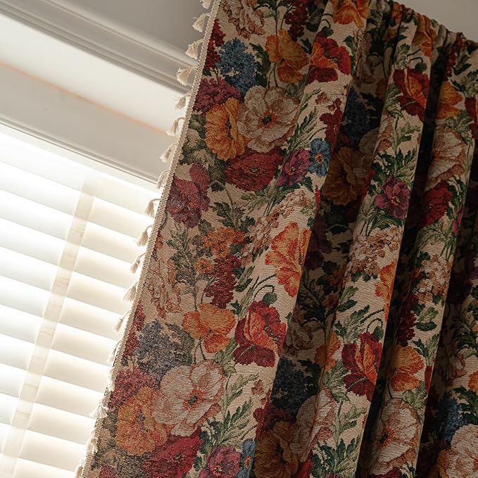 ENJOYBRIDAL Floral Curtains 63 Inch Long Semi Sheer Short Drapes Bedroom Rod Pocket Jacquard 2 Panels Window Curtains Farmhouse Boho Tassel Patterned Living Room Botanical Window Treatments
