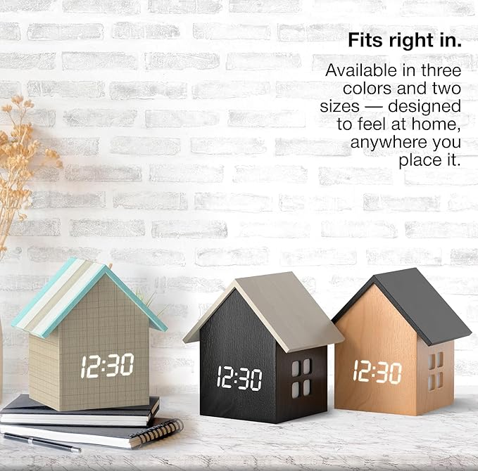 Driini Digital House Shaped Alarm Clock with Temperature Display (Dark Wood) – Modern Aesthetic with Cute Cube Frame and White LED Dimmer - Perfect Large Desk Clock for Bedside Table or Bedroom Mantle