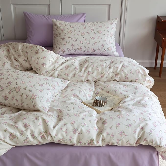 LifeTB Pink Flower Duvet Cover Twin 100% Cotton Girls Cottagecore Bedding Set 3 Pieces Botanical Floral Comforter Cover with Zipper Closure Vintage Country Bedding Cute Floral Duvet Cover Twin