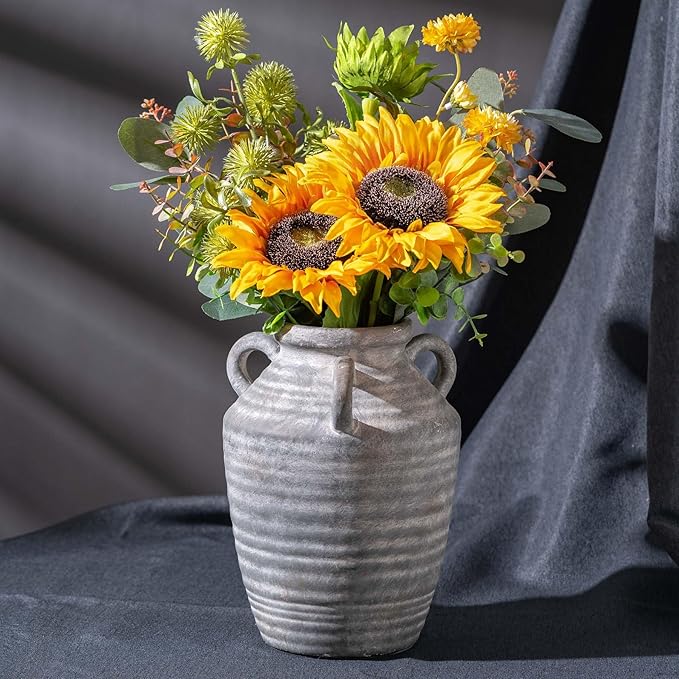 Grey Terracotta Ceramic Vase with Handles, Vintage Rustic Pottery Vases for Table Centerpiece, Cottage Core Home Decor, Large Flower Vases for Bouquet Entryway Mantel Bookshelf Living Room 8.9 Inch