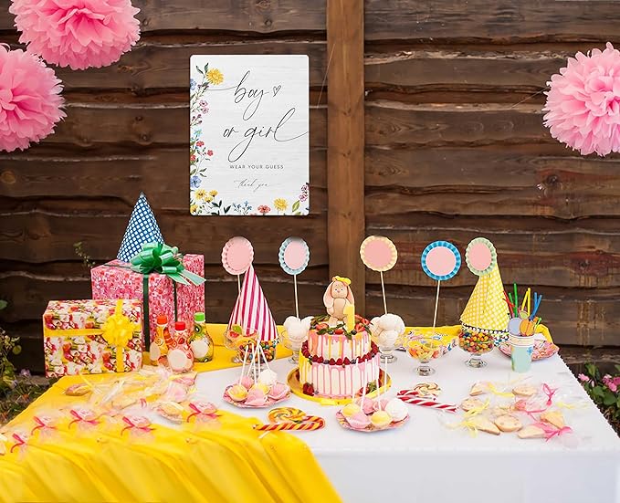 Boy or Girl Wear Your Guess Baby Shower Sign, Floral Wooden Table Sign with Stand and Hook, 5x7 inches, Free-standing/Hanging, Home/Office Decor
