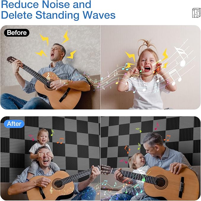 24 Pack Self-Adhesive Acoustic Panels - 2"X 12"X 12"Wall Panels - Quick-Recovery and High Density Sound Panels - Sound proof Acoustic Foam for Home Studio - Gray