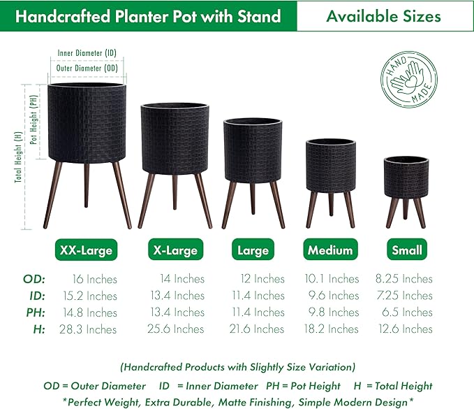 D'vine Dev 14 Inch Modern Geometric Tile Patterned Sleek Planter Pot with Stand, Indoor Outdoor Decorative Plant Holder, Distressed Black, 88-Z-D-5