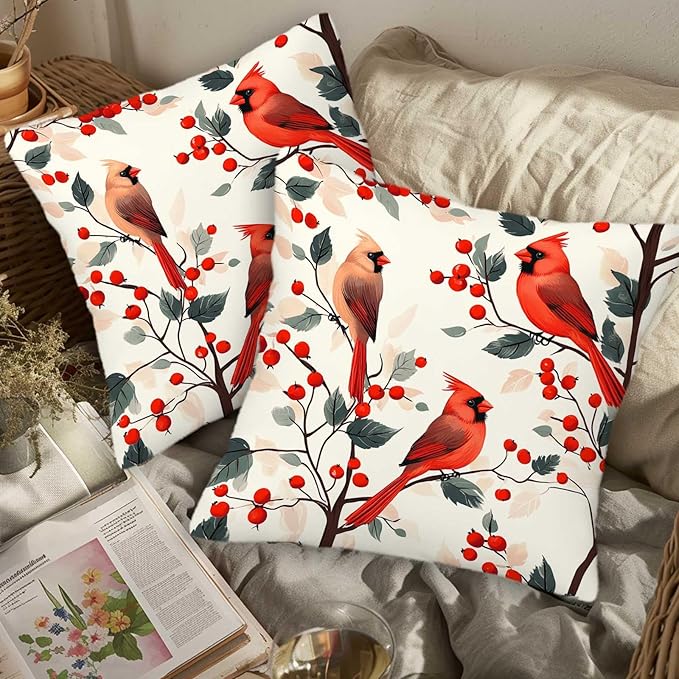 Red Cardinal Bird Throw Pillow Covers 18x18 Set of 2, Home Decorative Cushion Cases for Couch, Sofa, Bed and Living Room, Berry Decor Pillowcases for Spring, Summer, Autumn and Winter