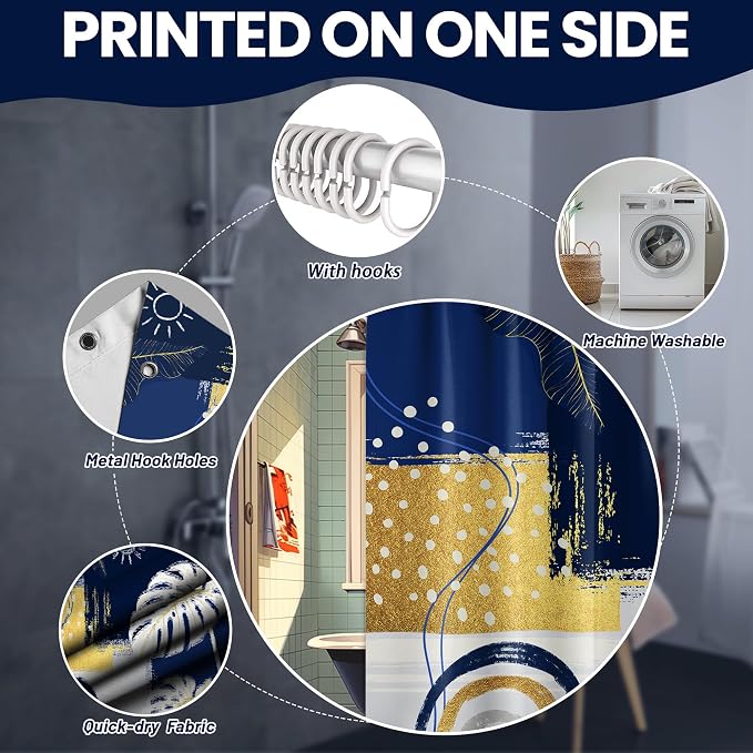 Blue and White Mid Century Modern Shower Curtain Bohemian Abstract Navy Blue and Gold Shower Curtains for Bathroom Decor Sets, Waterproof Cloth Fabric with Hooks, 60x72 Inch