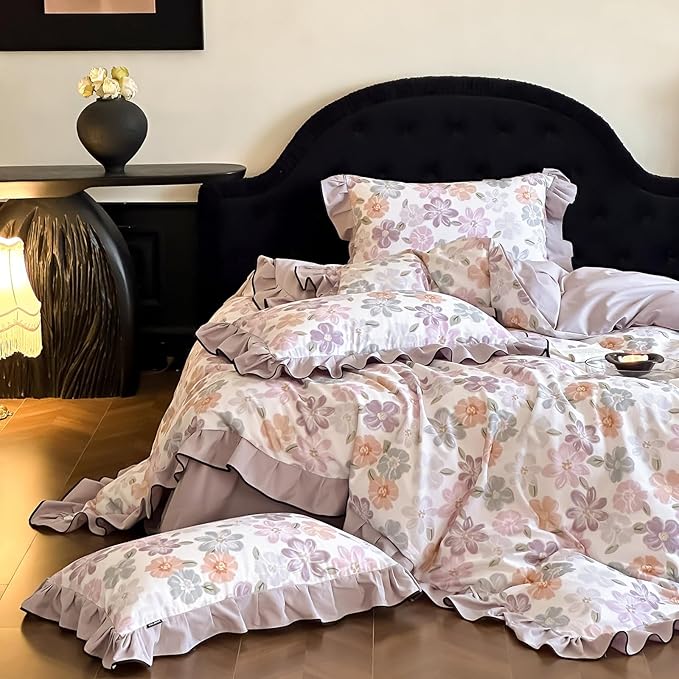 HighBuy Chic Floral Ruffle Duvet Cover Full Size,Boho Vintage Brushed Cotton Floral Bedding with Ruffle,Durable Bedding,Farmhouse Comforter Cover Sets 1 Duvet Cover and 2 Pillowcases