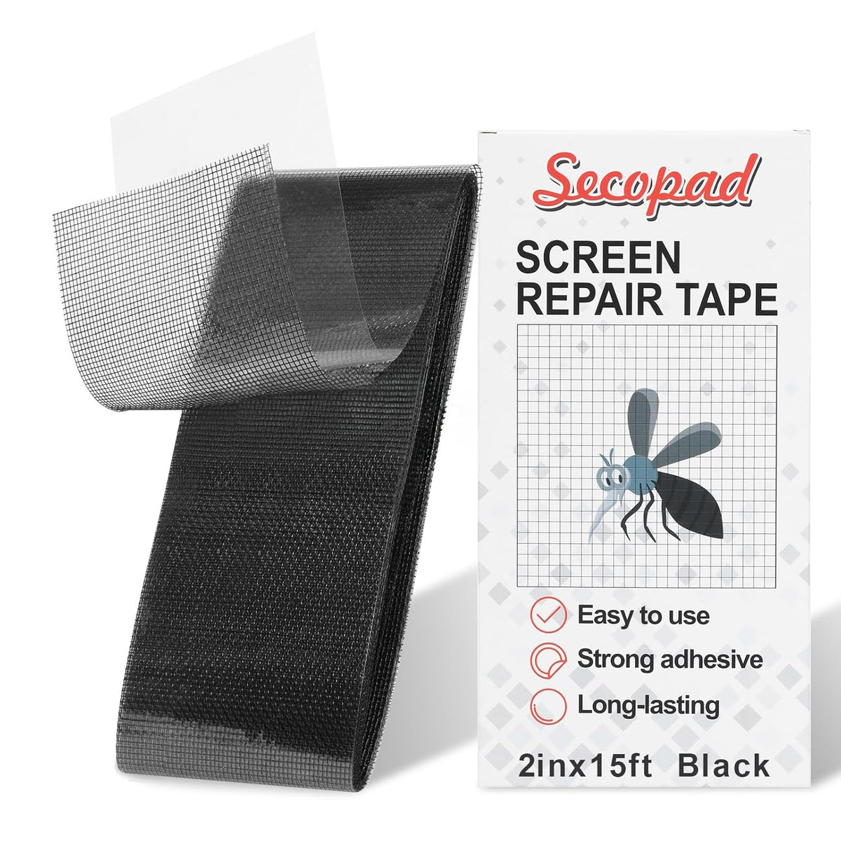 Black Screen Repair Tape, 2" X 180" (15FT) Window Screen Door Repair Kit, Strong Adhesive Fiberglass Patch Tape Mesh