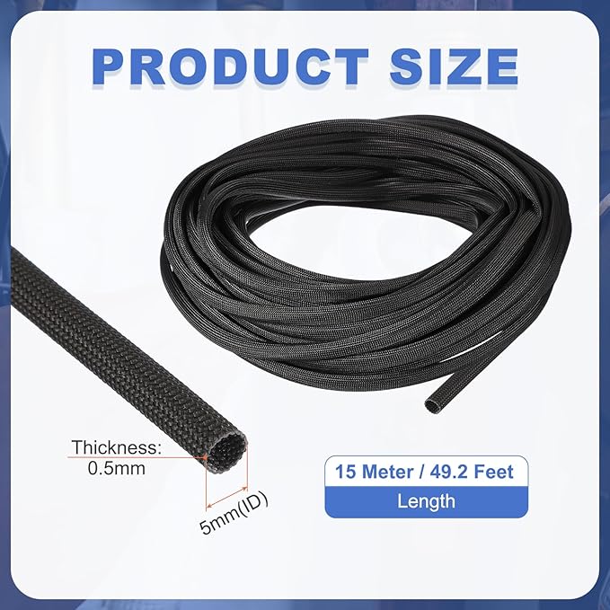 uxcell Insulation Cable Protector,5mm/0.20 Inch-15m/49 Feet High Temp Fiberglass Sleeve Black