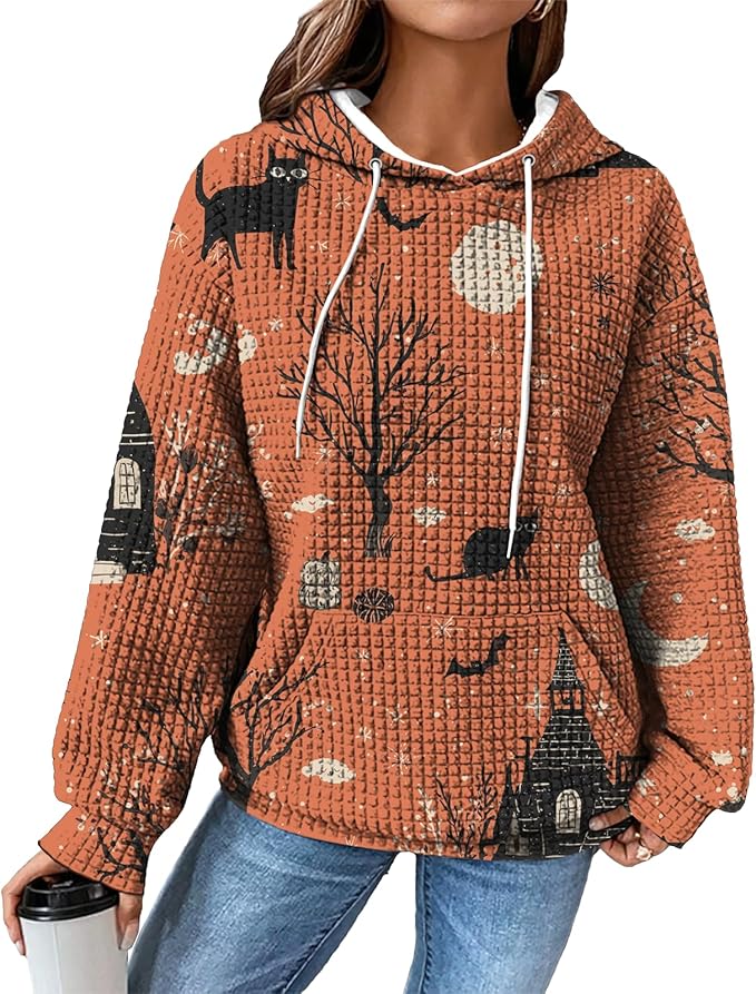 Halloween Sweatshirts for Women Novelty Graphic Drawstring Waffle Hoodies Loose Casual Pullover Tops with Pocket