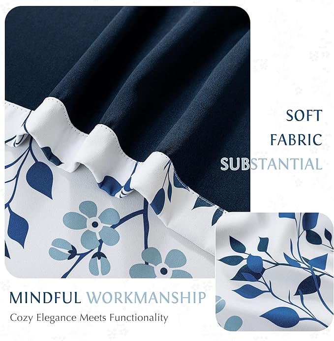 Beauoop Floral 100% Blackout Curtains 96 Inches Long 2 Panels for Bedroom Living Room Navy Blue and White Flower Patterned Room Darkening Thermal Soundproof Grommet Window Treatments Drapes, 52X96