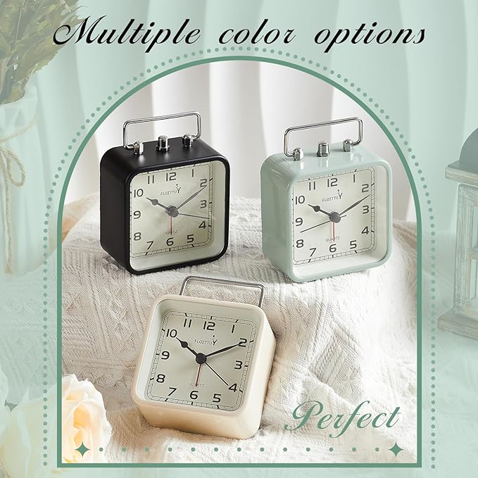FLOITTUY Square Metal Beep Alarm Clock Silent No Ticking, Snooze and Battery Operated, Night Light and Desk Clock for Bedroom/Travel/Kids, Easy Set(Green)