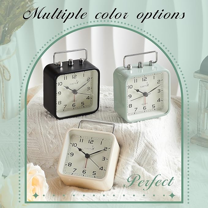FLOITTUY Square Metal Beep Alarm Clock Silent No Ticking, Snooze and Battery Operated, Night Light and Desk Clock for Bedroom/Travel/Kids, Easy Set(Black)