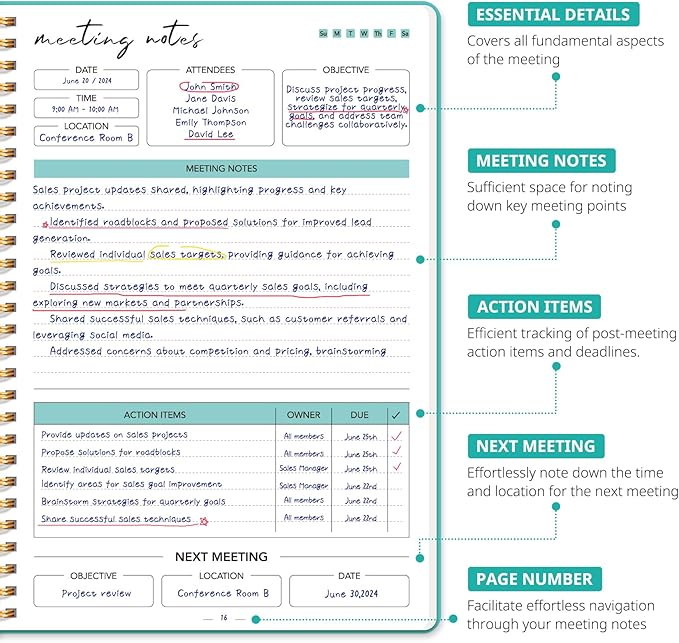 Meeting Notebook for Work Organization - Work notebook with action items, Meeting Minutes Planner Notebook, Perfect Office Supplies for Men & Women - Aquamarine