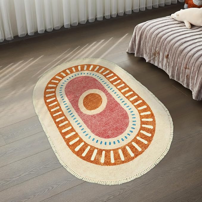 Lukinbox Sun Kids Rugs for Bedroom, 4x6 Boho Oval Washabl Area Rugs, Super Soft Non-Slip Colorful Circular Rainbow Rug for Kids Room Playroom Nursery Room Dinning Room Living Room