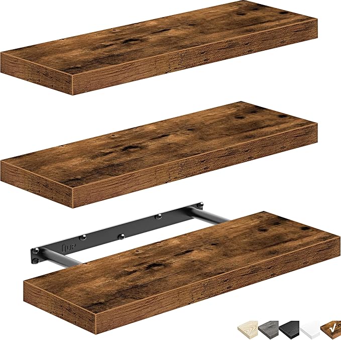 QEEIG Floating Shelves for Wall Bathroom Shelf Bedroom Kitchen Living Room Hanging Book Shelves Small Farmhouse Decor 16 inch Set of 3, Rustic Brown (015-BN3)