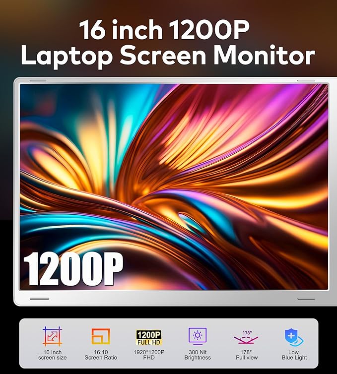 Ladomi 16" Laptop Screen Extender, Just 1 Cable for 3 Screens Quad Monitor, 1200P FHD Screen Extender for 12"-18.5" Laptops, Triple Portable Monitor for Wins/Mac M1|M2|M3|M4|M5