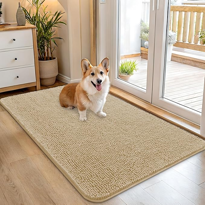 OLANLY Dog Door Mat for Muddy Paws 45x27, Absorbs Moisture and Dirt, Absorbent Non-Slip Washable Doormat, Quick Dry Chenille Mud Mat for Dogs, Entry Indoor Entryway Carpet for Inside Floor, Beige