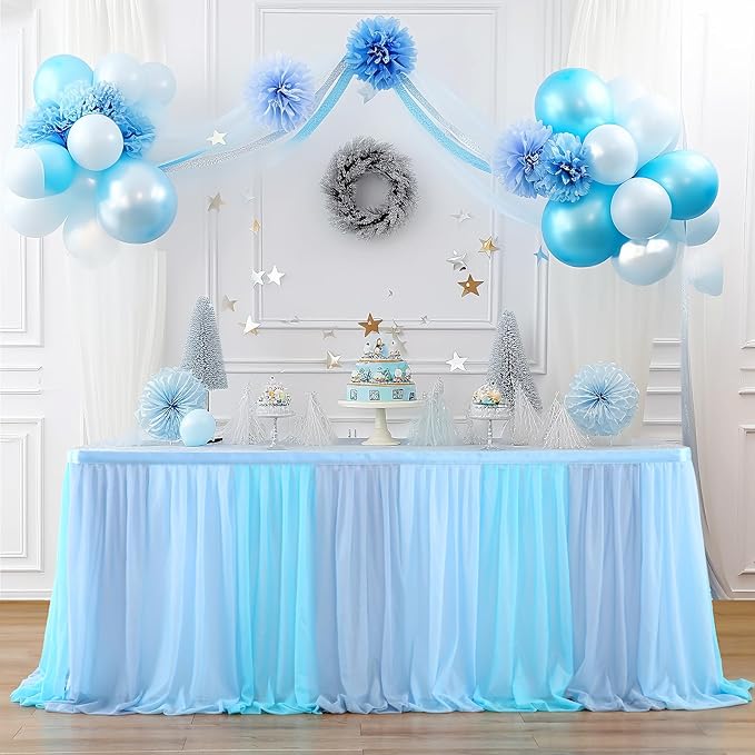 Tulle Table Skirt Blue Tutu Striped Table Skirts for Rectangle Tables Baby Shower Under the Sea Baby Shark Birthday Parties Decoration 14ft