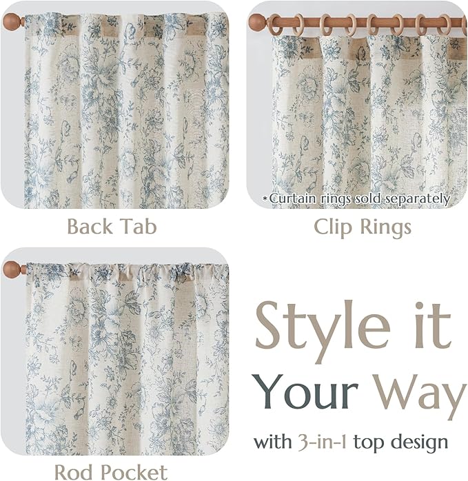 jinchan Linen Floral Curtains Extra Wide for Patio Sliding Glass Door Room Divider Curtain for Living Room 90 Inch Length Farmhouse Peony Blue Printed Curtain Set 1 Panel