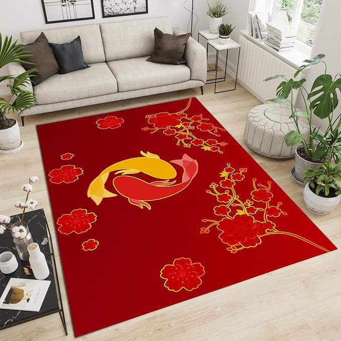 Chinese Style Koi Area Rug, Red Background Plum Blossom Non Slip Accent Rug, Machine Washable Durable Carpet for Indoor Bedroom Living Room Office Decor Rug - 5 ft x 8 ft