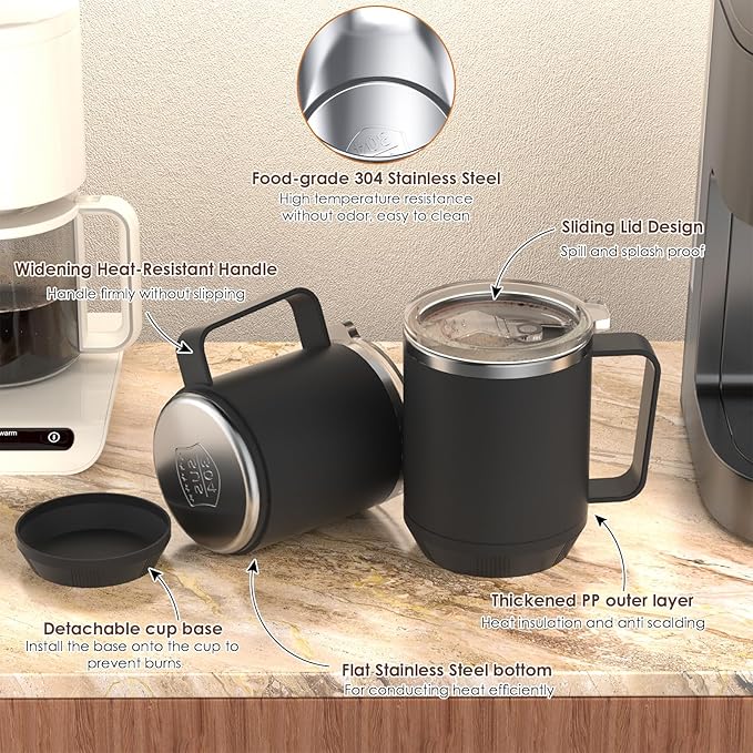 Felibeaco 16oz Heated Coffee Mug with Flat Bottom for Rapid Heating, Stainless Steel Heated Coffee Cup Suitable for Different Coffee Mug Warmer/Heaters, Heated Mug/Cup for Home and Office Desk,Black