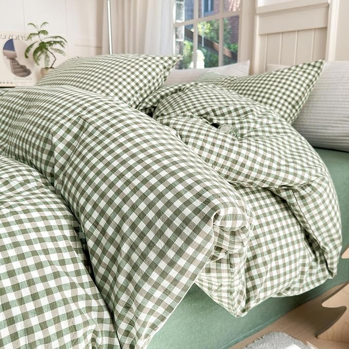LifeTB Queen Comforter Set Green Gingham Comforter Modern Style Checkered Pattern Comforter Set Boho Grid Plaid Bedding Comforter Lightweight Fluffy Soft Grid Bedding Set Queen Size Breathable