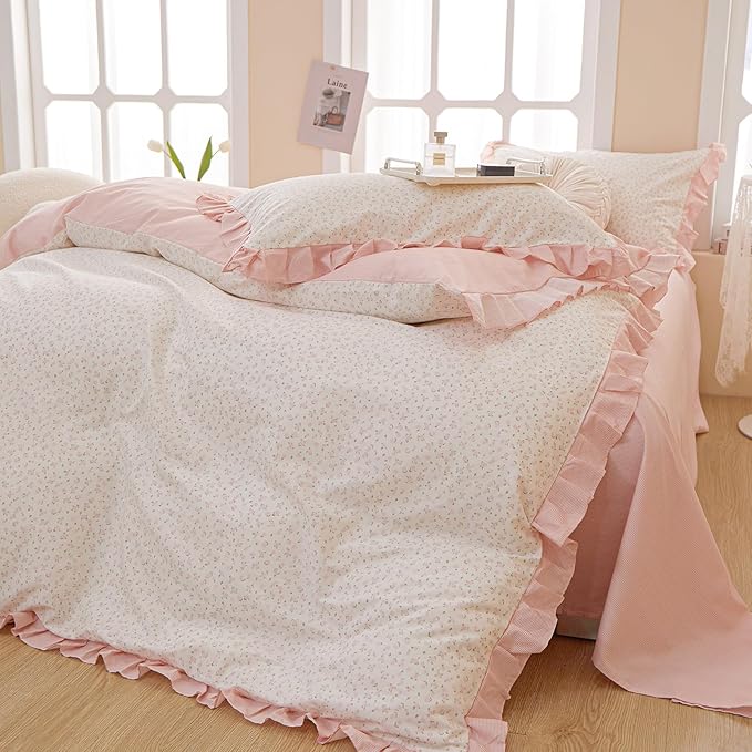 Romantic Pink Floral Duvet Cover Queen 100% Cotton Pink Ruffle Duvet Cover Girls Flower Comforter Cover Princess Lace Bedding Set Vintage Floral Coquette Bedding Comforter Cover with 2 Pillowcases