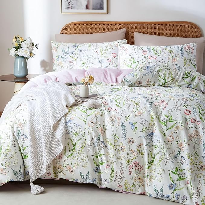 EAVD Vibrant Garden Botanical Floral Duvet Cover Queen Soft Cotton Chic Cute Bird Floral Pattern Bedding Set with 2 Pillowcases Vintage Botanical Duvet Cover with Zipper Closure