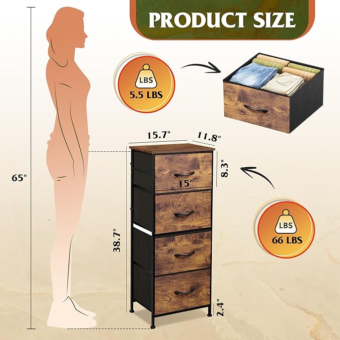 WLIVE Dresser with 4 Drawers, Fabric Storage Tower, Organizer Unit for Bedroom, Hallway, Entryway, Closets, Sturdy Steel Frame, Wood Top, Easy Pull Handle, Rustic Brown Wood Grain Print