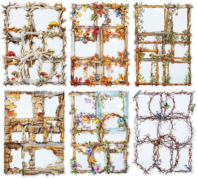 AuriicLeaf Vintage Wooden Frame PET Sticker Set, 60PCS Retro Aesthetic Scrapbook Stickers for Journaling, DIY Crafts, and Decorative Art Supplies