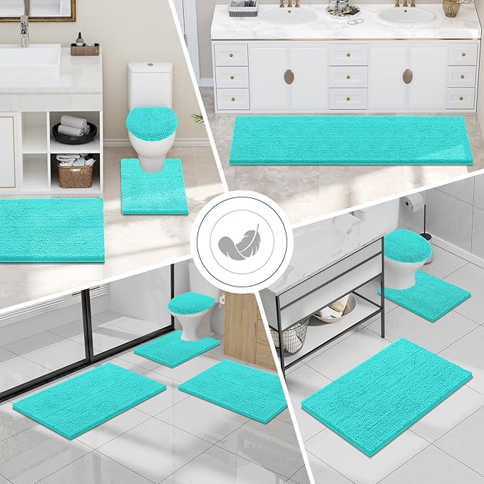 Smiry Luxury Chenille Bathroom Rugs 59x35, Extra Soft and Absorbent Shaggy Bath Mat, Machine Washable, Non-Slip Plush Carpet Runner for Tub, Shower, and Floor, Home Decor Accessories, Turquoise