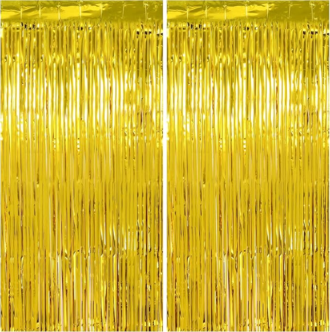 Thicken Gold Streamers 2 Pack 3.2 x 8.2 FT, Golden Birthday Decrorations Tinsel Backdrop Curtains, Foil Fringe Photo Backdrop for Birthday, Prom, Hollywood, Anniversary Party Decorations