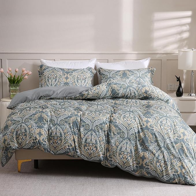 LONAVA Queen Paisley 3 Pcs Duvet Cover Set, Breathable Soft Microfiber Grey Lining Comforter Cover with Zipper Closure, and 2 Anti-Pilling, Fade Resistant Pillowcases, Green Pasliey