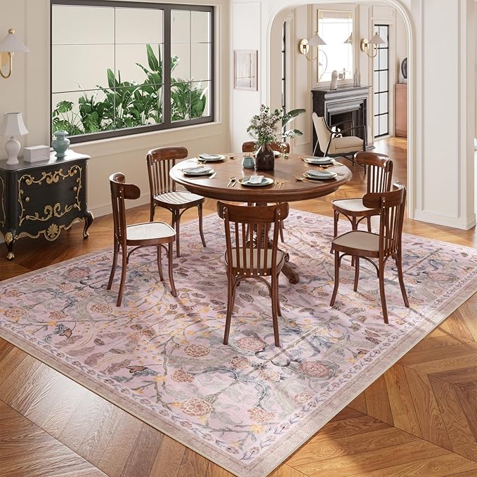 AMTOVO 9x12 Washable Area Rugs for Living Room, Non-Slip&Non-Shedding Floral Large Soft Boho Vintage Print Carpet for Bedroom Girls Room Dorm Dining Room Farmhouse Nursery Home Office, Pink