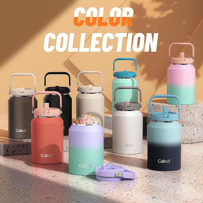 64 oz Insulated Water Bottle with Flip Straw, Vacuum Insulated Stainless Steel Jug with Top Handle, Leak-Proof Lid, Sweat-Free, Wide Mouth, Keeps Ice Cold up to 34 Hours