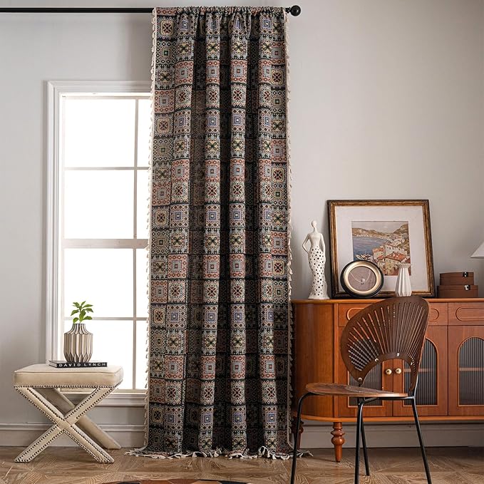 ENJOYBRIDAL Patchwork 96 Inch Curtains for Bedroom Living Room Drapes Jacquard Bohemian Semi Sheer Long Window Curtains 2 Panel Sets Vintage Geometric Black Rod Pocket Boho Window Treatments