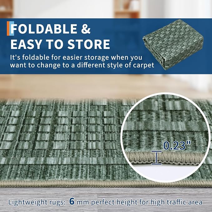 Washable Rug 9x12 Area Rug for Living Room Modern Bedroom Rug Checkered Green Plaid Large Area Rug Non Slip Throw Rugs Soft Low Pile Stain Resistant Carpet for Dining Room 9'x12' Green