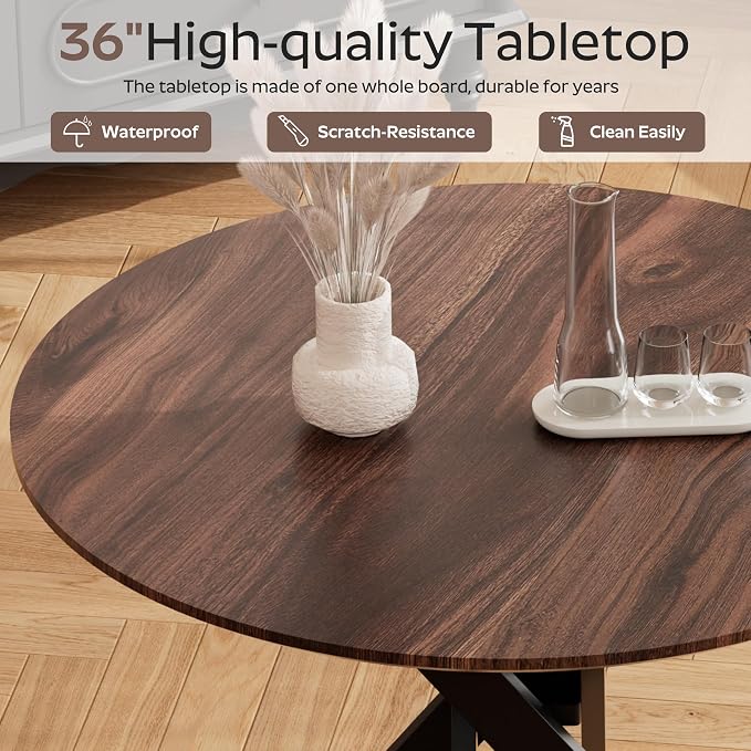RGZ Mid Century Walnut Round Dining Table Set for 2, 36" Small Wooden Circle Kitchen Table & 2 White PU Leather Kitchen Chairs, Dinner Table Set for Home, Apartment, Dining Room
