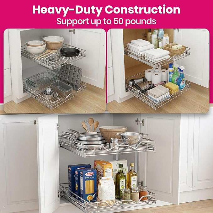 2-Tier Pull-Out Cabinet Organizer with Heavy-Duty Steel Frame, Full-Extension Sliding Shelves, Holds 100 lbs, Easy Install for Kitchen, Pantry & Under Sink Cabinets, 26" W x 21”D x 16.5" H