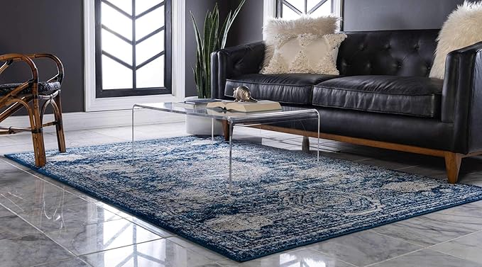 Unique Loom Bromley Collection Area Rug - Wells (8' x 11' Rectangle, Ivory and Blue/ Ivory)