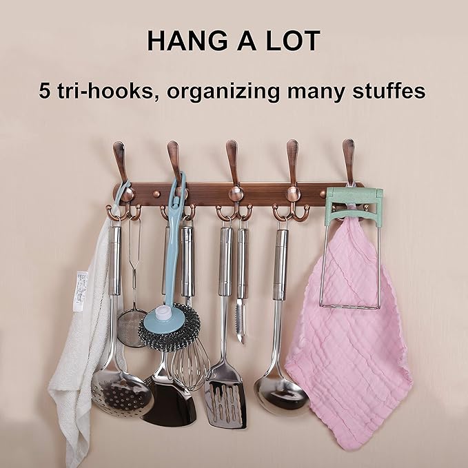 Dseap Wall Mounted Coat Rack - 5 Tri Hooks, Heavy Duty, Stainless Steel, Metal Coat Hook Rail for Coat Hat Towel Purse Robes Mudroom Bathroom Entryway,Antique Copper