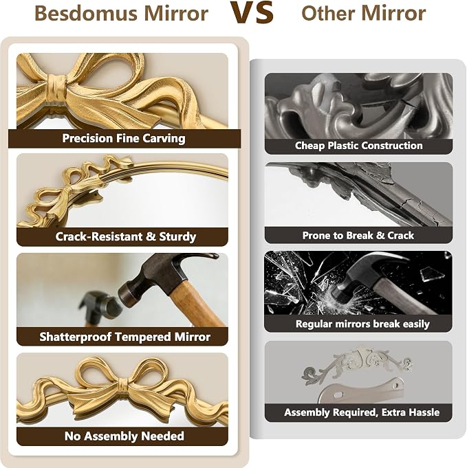 Besdomus Vintage Gold Mirror: 27" Bow Round Wall Mounted Mirror - Baroque Traditional Ornate Metal Framed for Entryway/Fireplace/Bathroom/Hallway - Home Decor for Fashion-Conscious