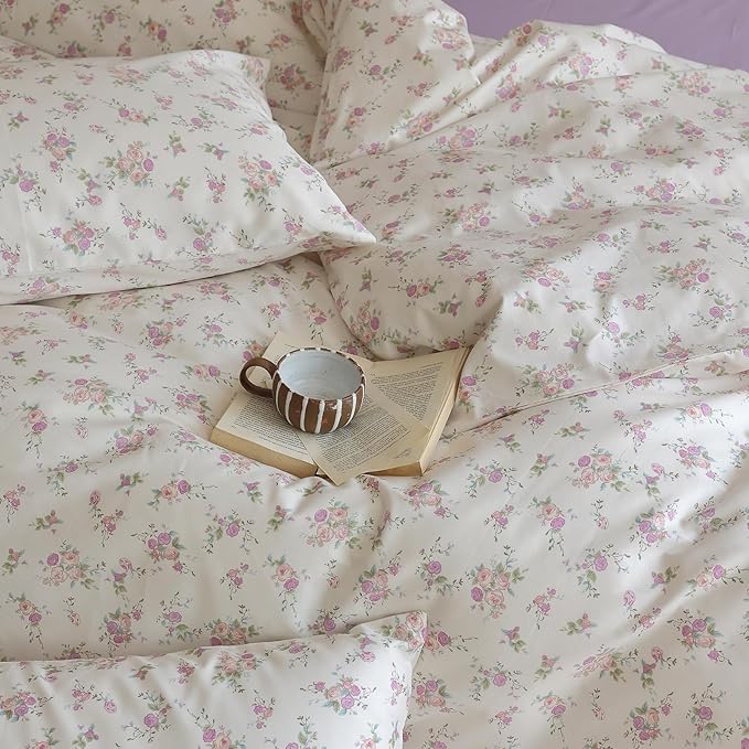 LifeTB Vintage Pink Floral Duvet Cover Queen Soft 100% Cotton Girls Cottagecore Bedding Set Cute Peach Flower Comforter Cover with Zipper Closure Vintage Country Bedding Botanical Duvet Cover Queen