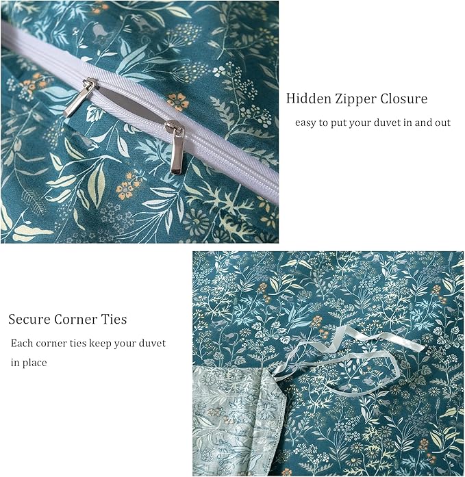 EAVD Garden Style Blue Floral Duvet Cover Twin XL Soft 100% Cotton Floral Botanical Bedding Set with 2 Pillowcases Vintage Style Floral Twin XL Duvet Cover with Zipper Closure