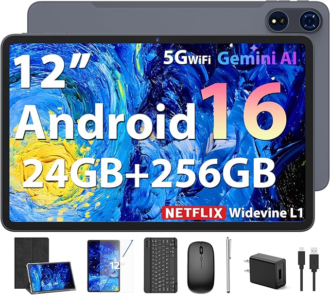 JJGJ 2026 12 Inch Android 16 Tablet with Keyboard, 24GB+256GB+2TB Expand, 2K Gemini AI Tablet with 5G WiFi, Octa-Core, 8000mAh, BT5.0, 16+8MP, 2 in 1 Tablets PC with Case, Mouse, Stylus (Black Case)