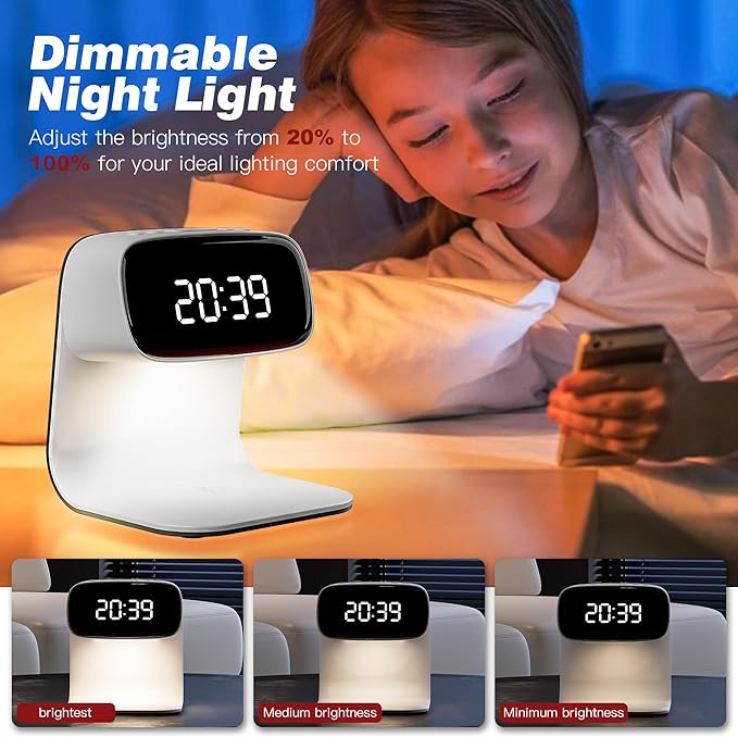 YIDPU Digital Alarm Clock with Wireless Fast Charging Station 15W Touch Smart Lamp for Bedside,3 Colors Nightlight Adjustment Night Lamp for Living Room,Bedside,Heavy Sleepers (White-01-Adapter)