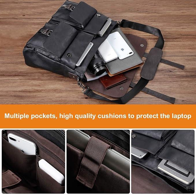 seyfocnia Men's Vintage Black 17.3 Inch Water Resistant PU Leather Laptop Bag, Messenger Bag, Satchel, Briefcase