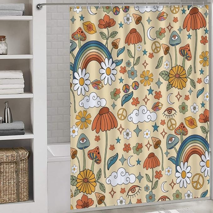 70s Mushroom Shower Curtain, Retro Groovy Hippie Funky Boho Rustic Cute Vintage Colorful Botanical Plants Pattern Orange Waterproof Fabric Bathroom Shower Curtain Set with Hooks, 72"x78" Inch